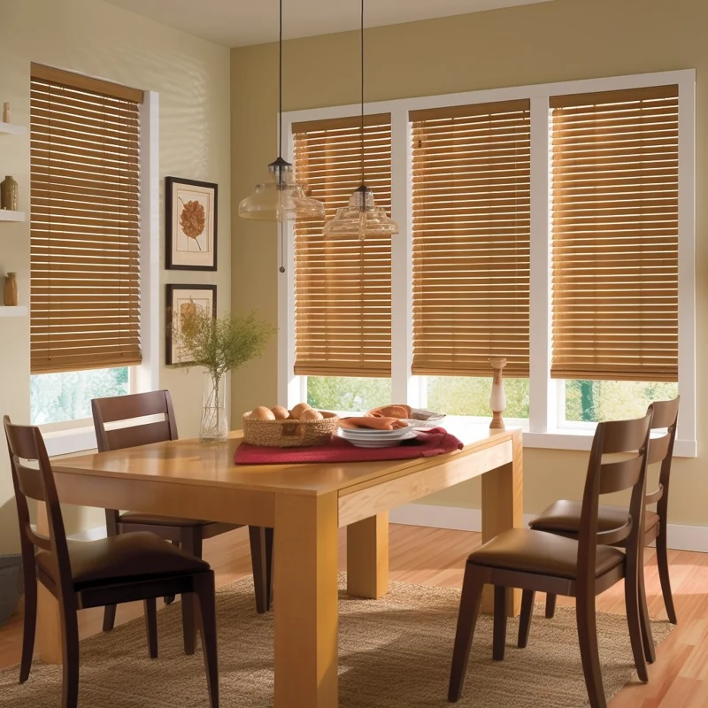 Light wooden blinds in a sunlit dining room.