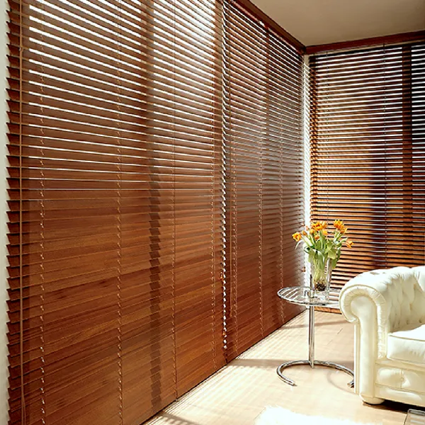 Sunlit wooden blinds on a corner window.