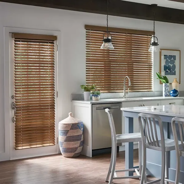 Cordless wood blinds on a door and window