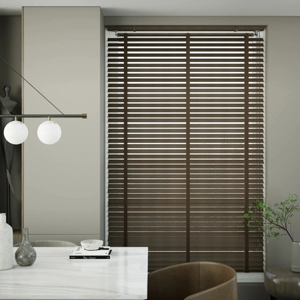 Dark brown textured blinds in a dining room