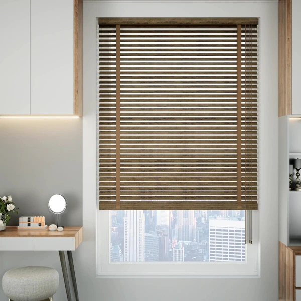 Dark brown textured blinds installed on a window.