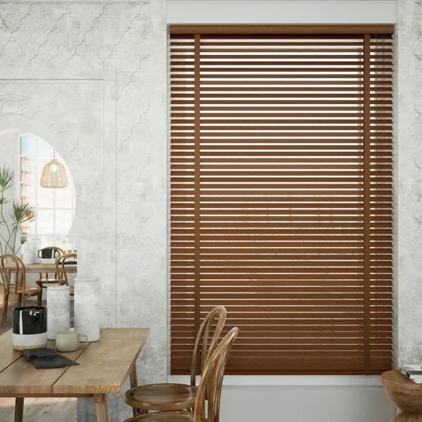 Dark brown wooden Venetian blinds in a dining room