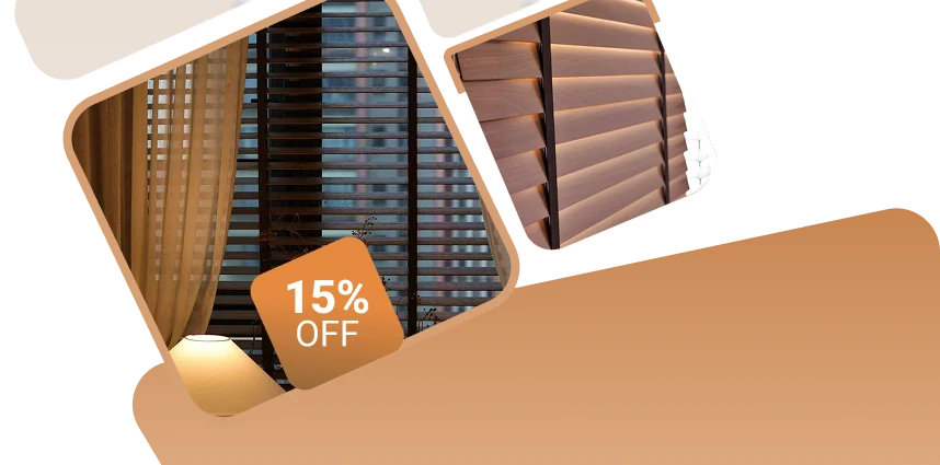Wooden blinds and sheer curtains with a 15% off badge